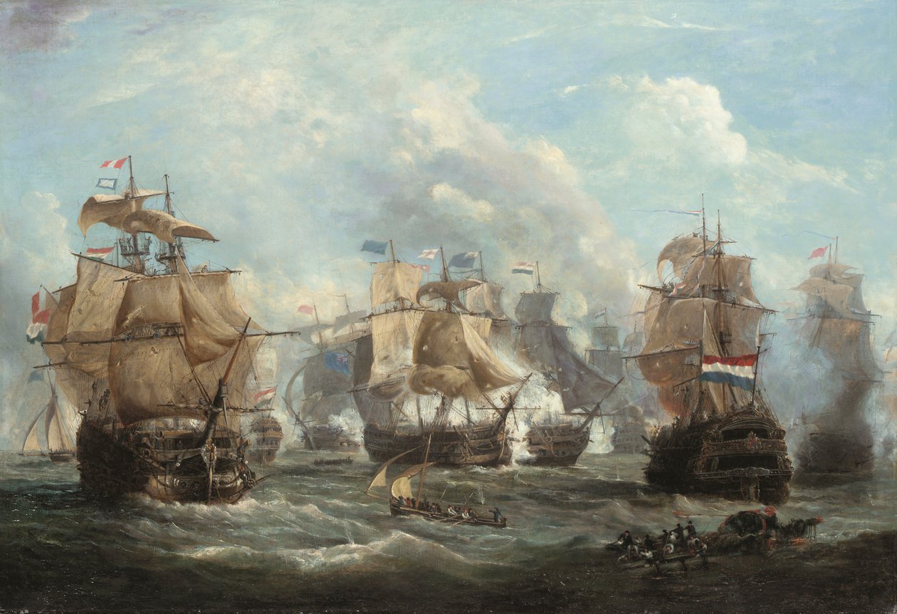 La nave ammiraglia inglese Venerable ingaggia la nave ammiraglia olandese Vrijheid nella battaglia di Camperdown da Martin Schouman