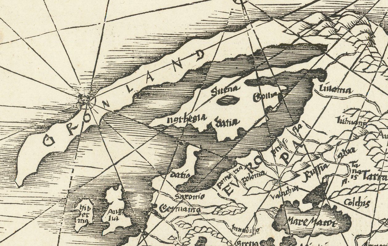 Mappa del 1513 del Mare del Nord che mostra la Groenlandia collegata alla Scandinavia da Martin Waldseemuller