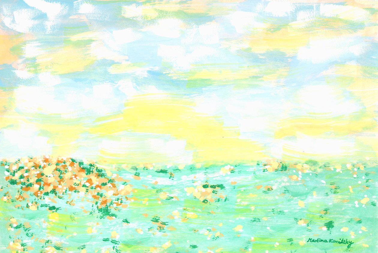 Prato fiorito e cielo nuvoloso giallo albicocca da Martina Konitzky