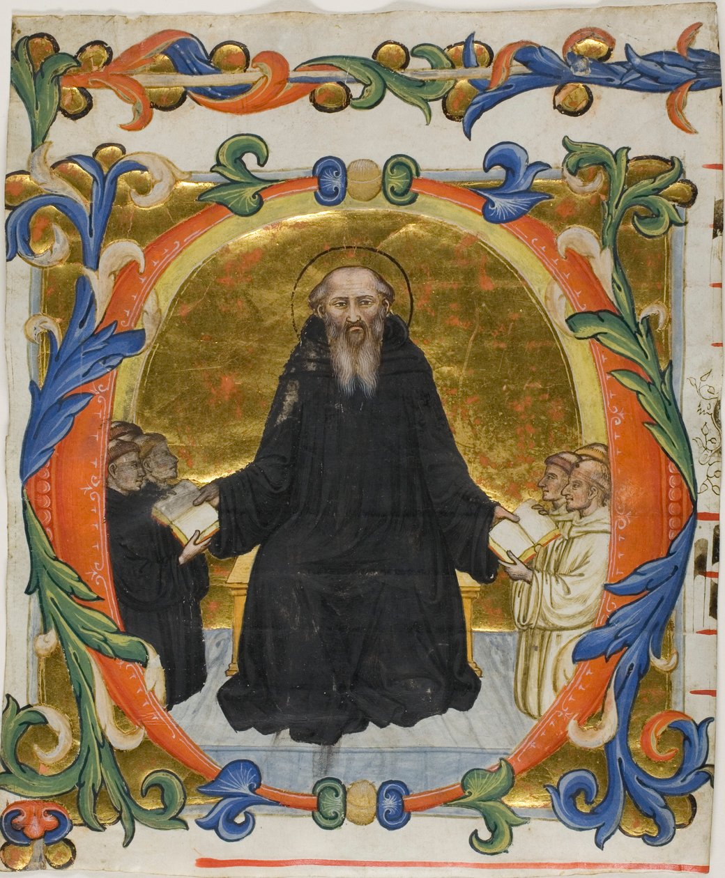 San Benedetto presenta la sua regola ai monaci benedettini e cistercensi in una iniziale istoriata "O" da un libro corale da Martino di Bartolomeo di Biagio
