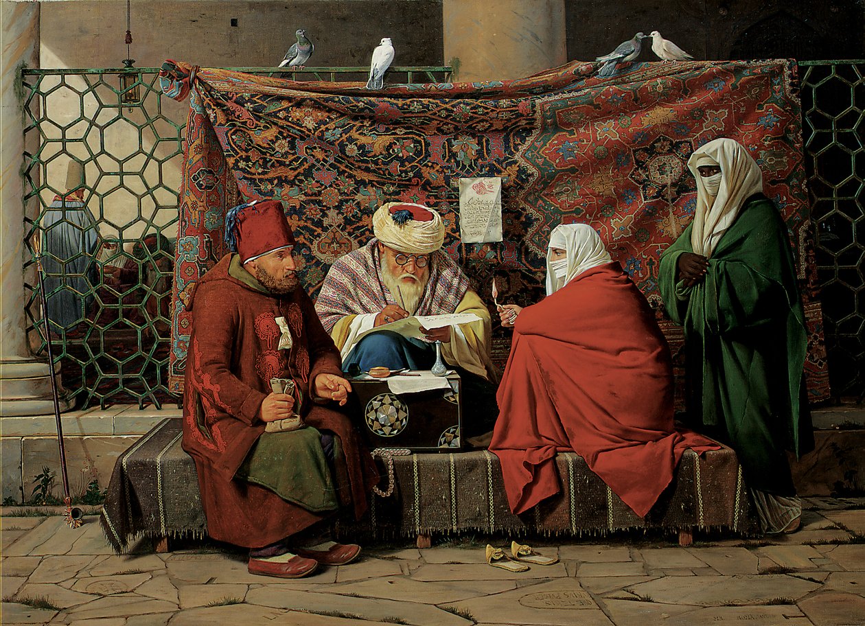 Un notaio turco che redige un contratto di matrimonio davanti alla moschea di Kilic Ali Pasha, Tophane, Costantinopoli, 1837 da Martinus Rorbye