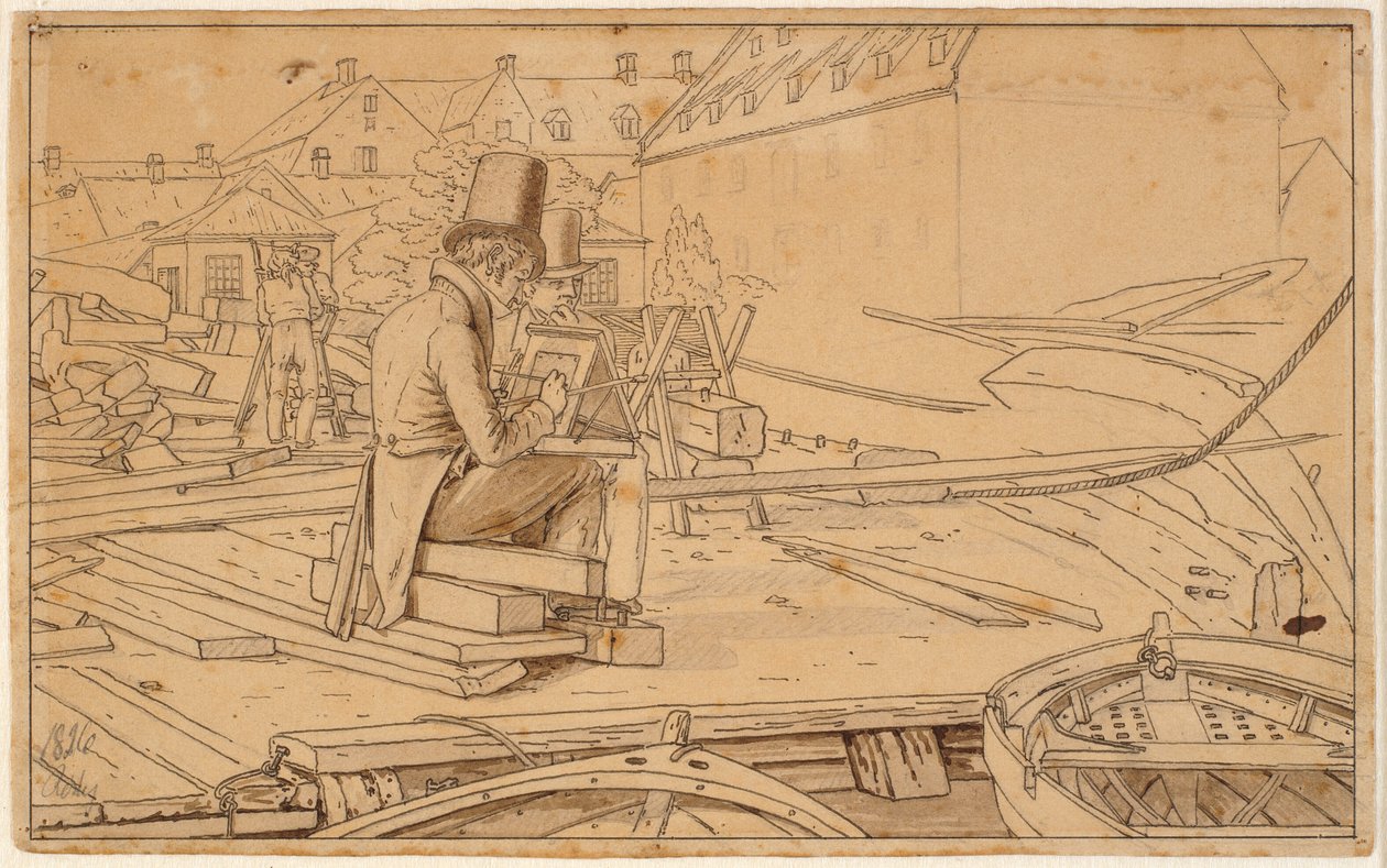 Un artista che dipinge presso un cantiere navale da Martinus Rørbye