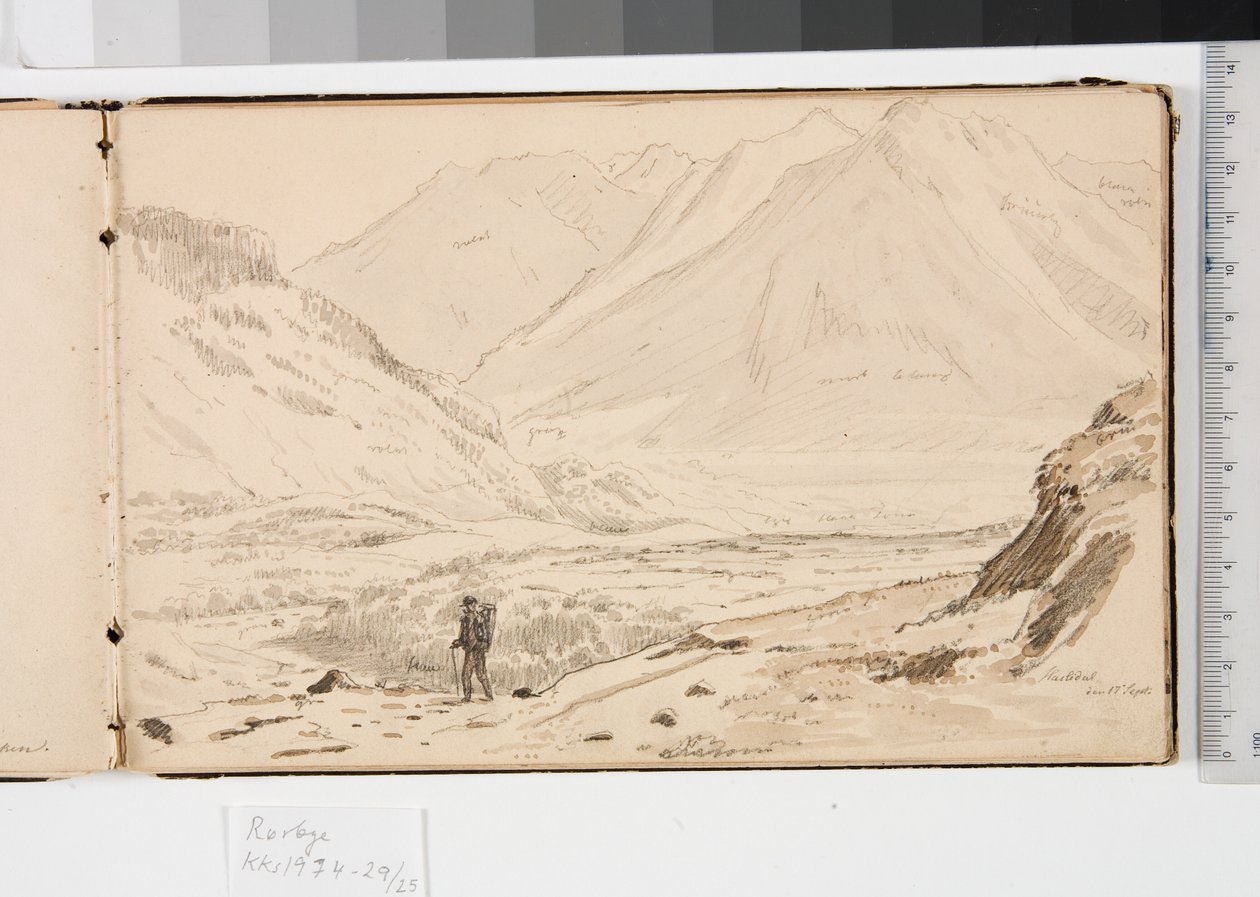 Paesaggio montano con tre uomini che riposano nell