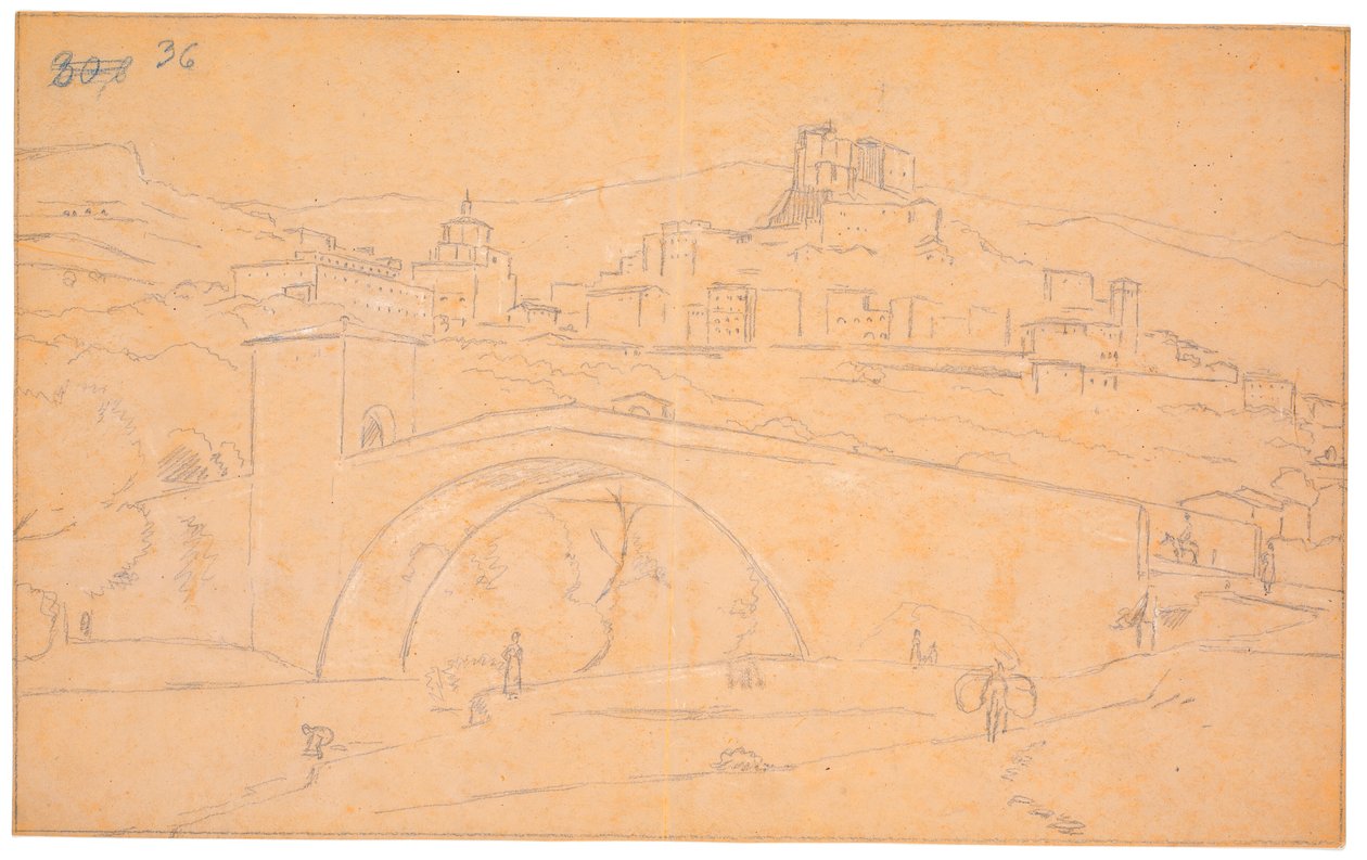 Paesaggio italiano con un ponte su un fiume e la città di Subiaco sullo sfondo da Martinus Rørbye