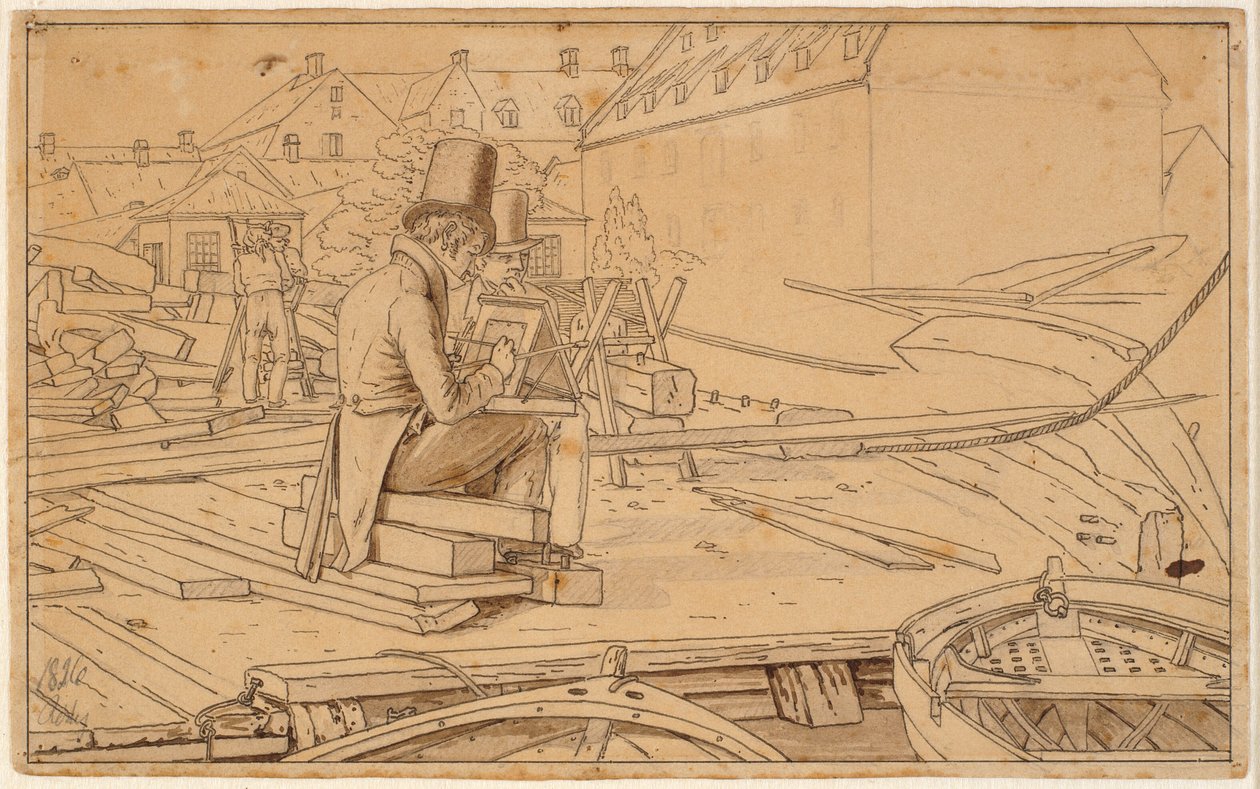 Un artista che dipinge presso un cantiere navale da Martinus Rørbye
