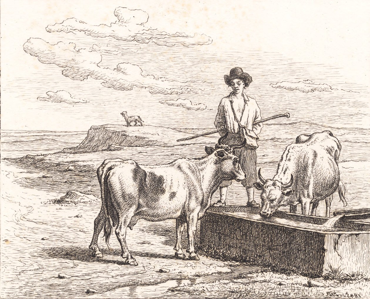 Un pastorello presso un abbeveratoio. Illustrazione per Chr. Winther "Venticinque Immagini per Bambini" da Martinus Rørbye