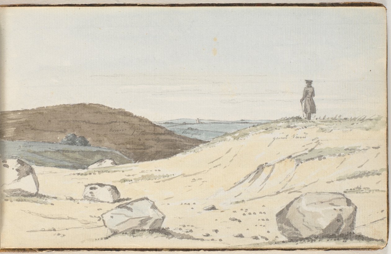 Vista su una brughiera o paesaggio dunale. In primo piano alcune grandi colline; su una di esse un uomo guarda oltre la pianura da Martinus Rørbye