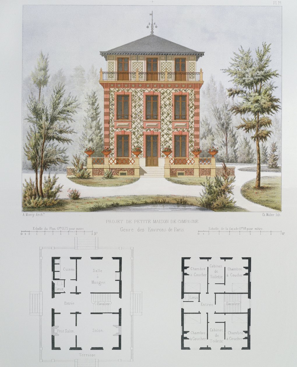 Progetto per una piccola casa di campagna vicino a Parigi, inciso da Walter, tavola 18 da Architecture Pittoresque et Moderne da Marty