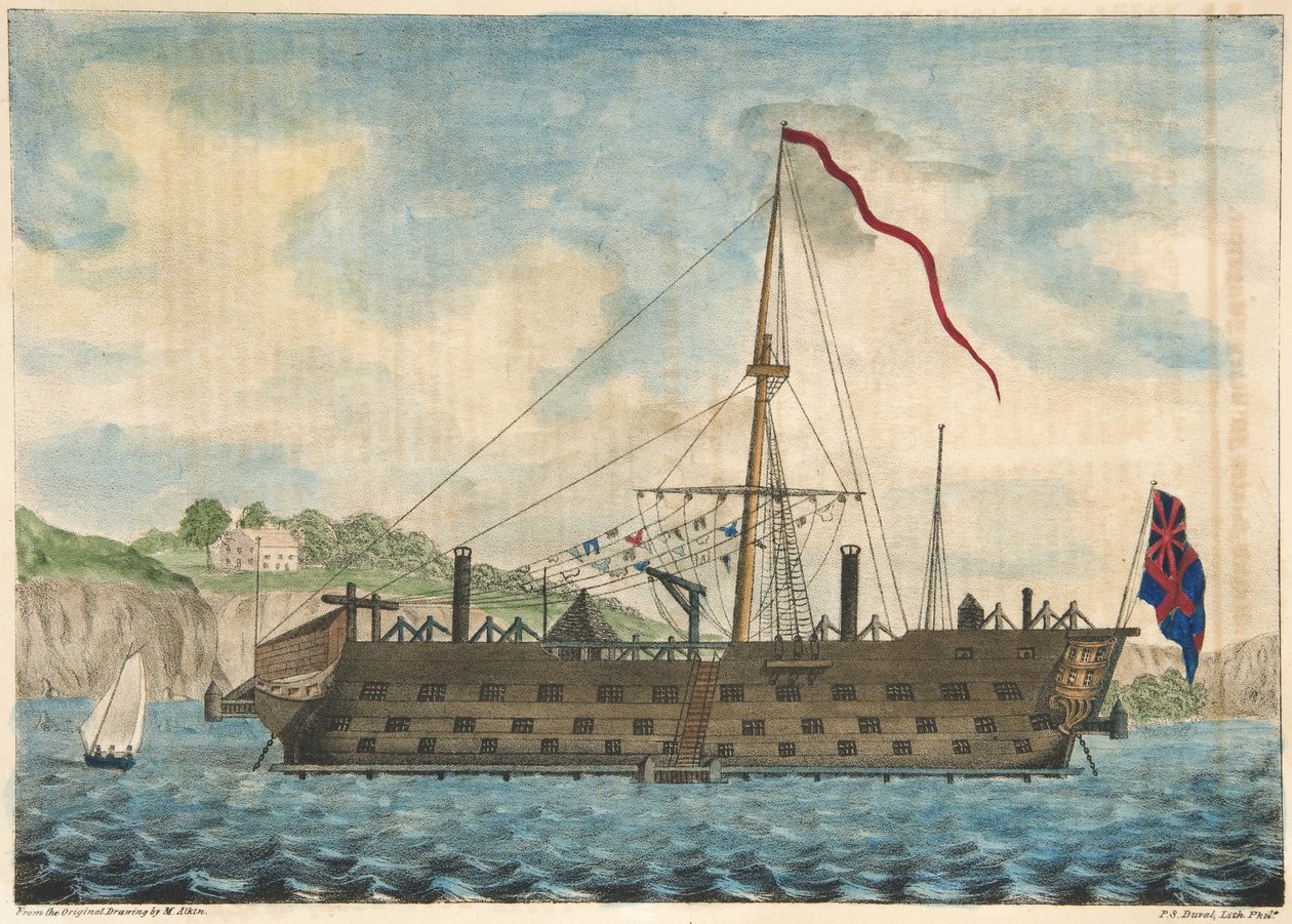 Nave prigione Saratoga al largo di Dartmouth, pub. 1840 (incisione colorata a mano) da Martyn after Alken