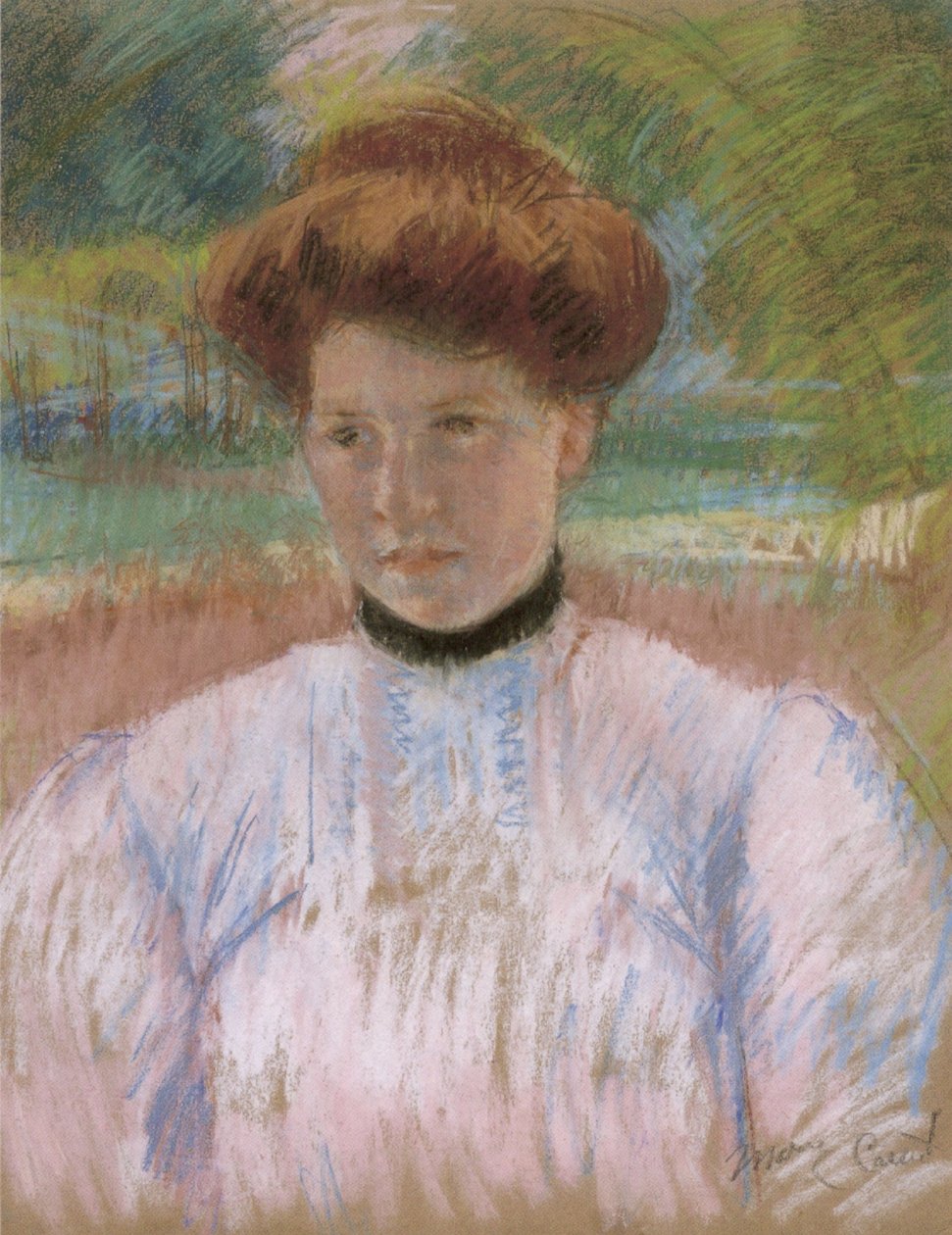 Giovane donna con capelli castani in una camicetta rosa da Mary Cassatt