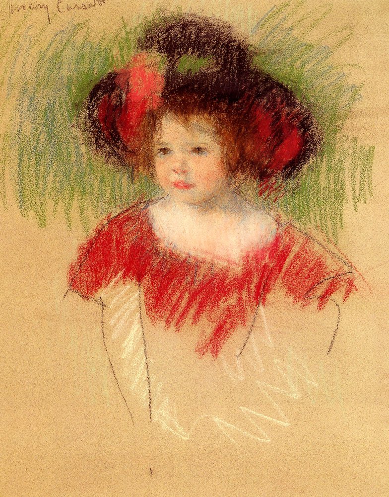 Margot con grande cappello e vestito rosso da Mary Cassatt