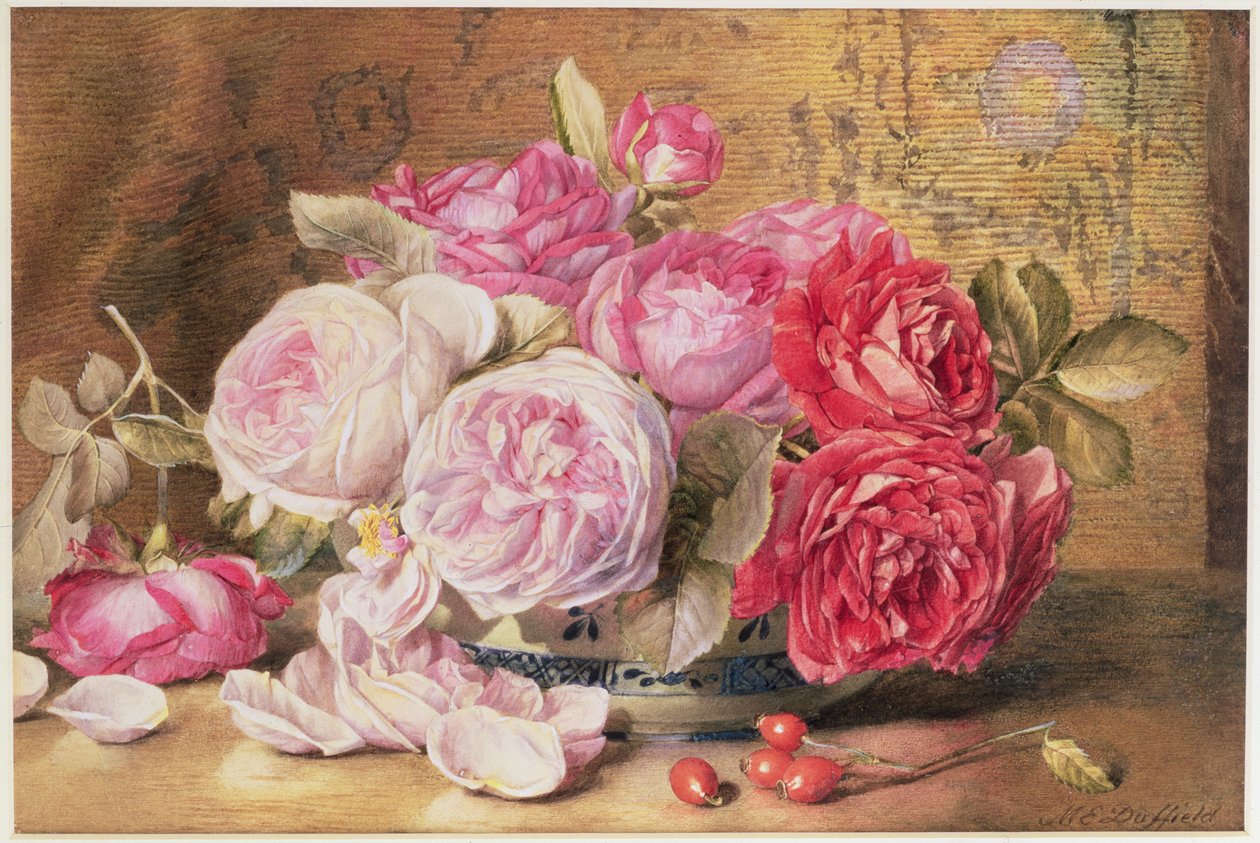 Rose rosa e rosse in una ciotola da Mary Elizabeth Duffield