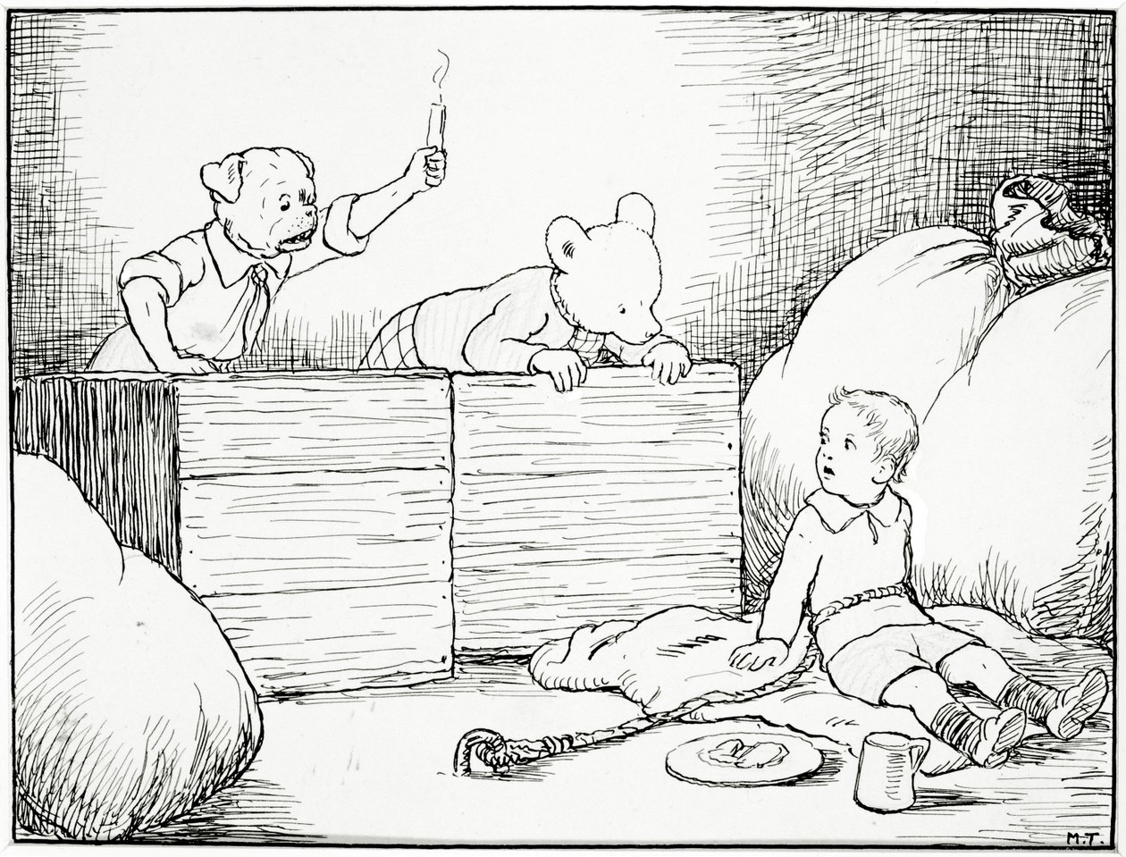 Videro il volto di un piccolo ragazzo che li guardava con paura, illustrazione da Rupert Bear Goes Hiking, pub. da Marston & Co., Londra da Mary Tourtel