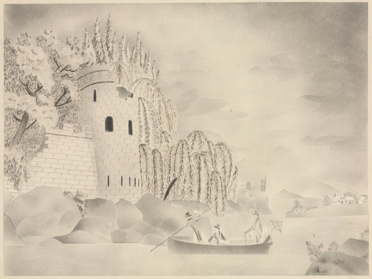La torre solitaria (Castello sul fiume con salici e barca) da Mary Altha Nims
