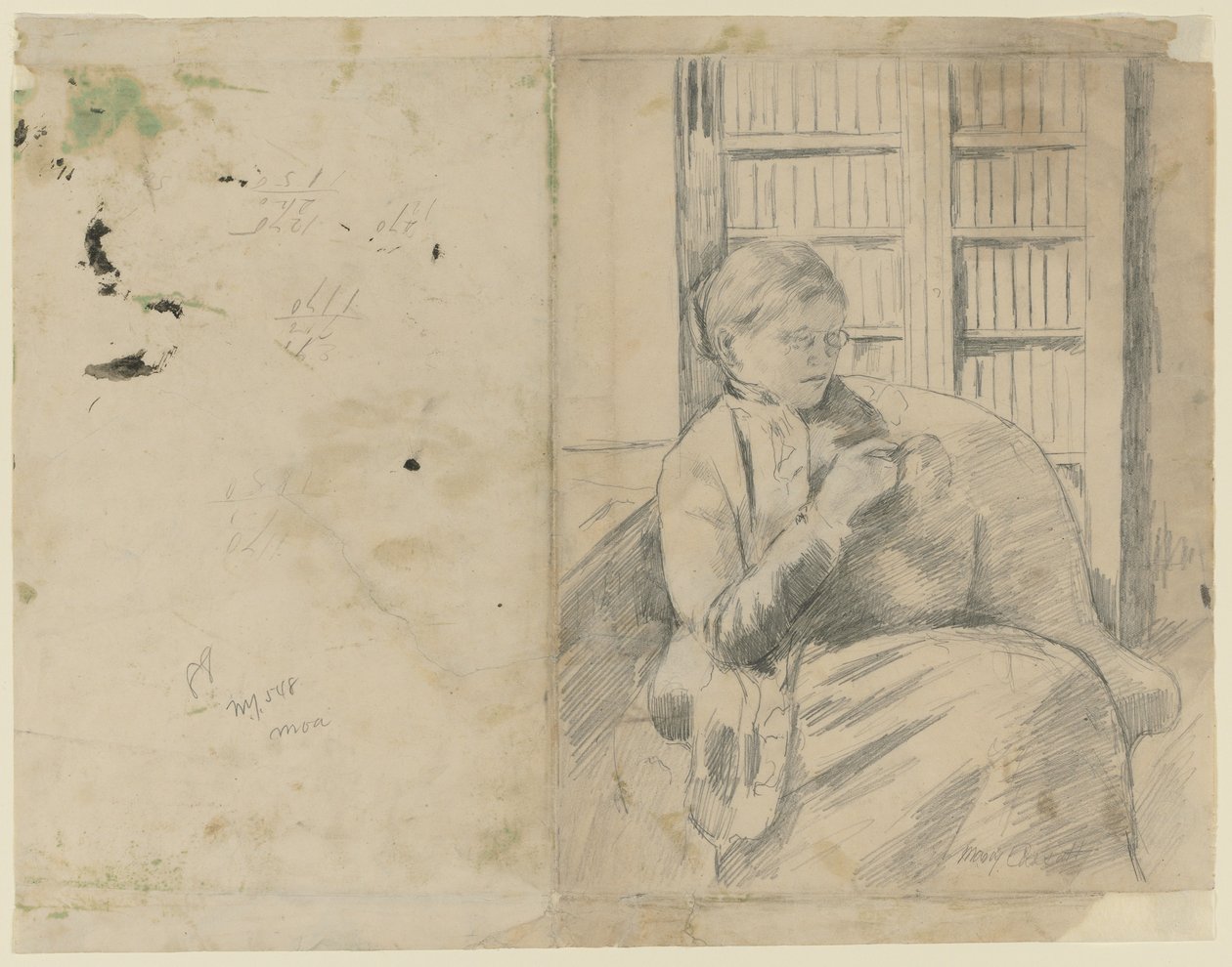 Lavorare a maglia in biblioteca (recto), Lavorare a maglia in biblioteca (verso) da Mary Cassatt