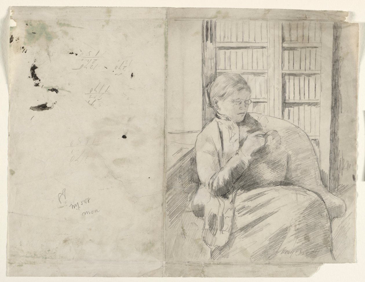 Lavoro a maglia in biblioteca (recto), c. 1881 da Mary Cassatt
