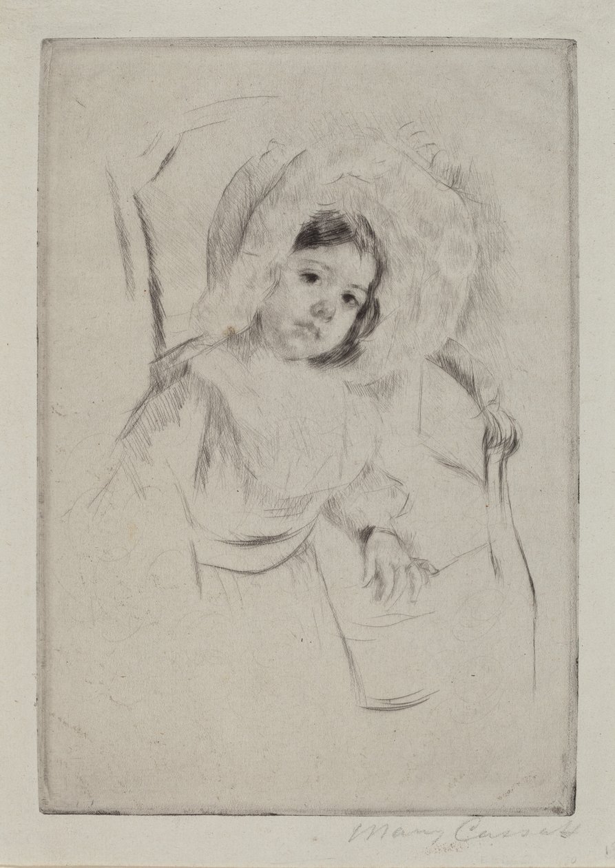 Margot con un cappello floscio appoggiata a una sedia da Mary Cassatt