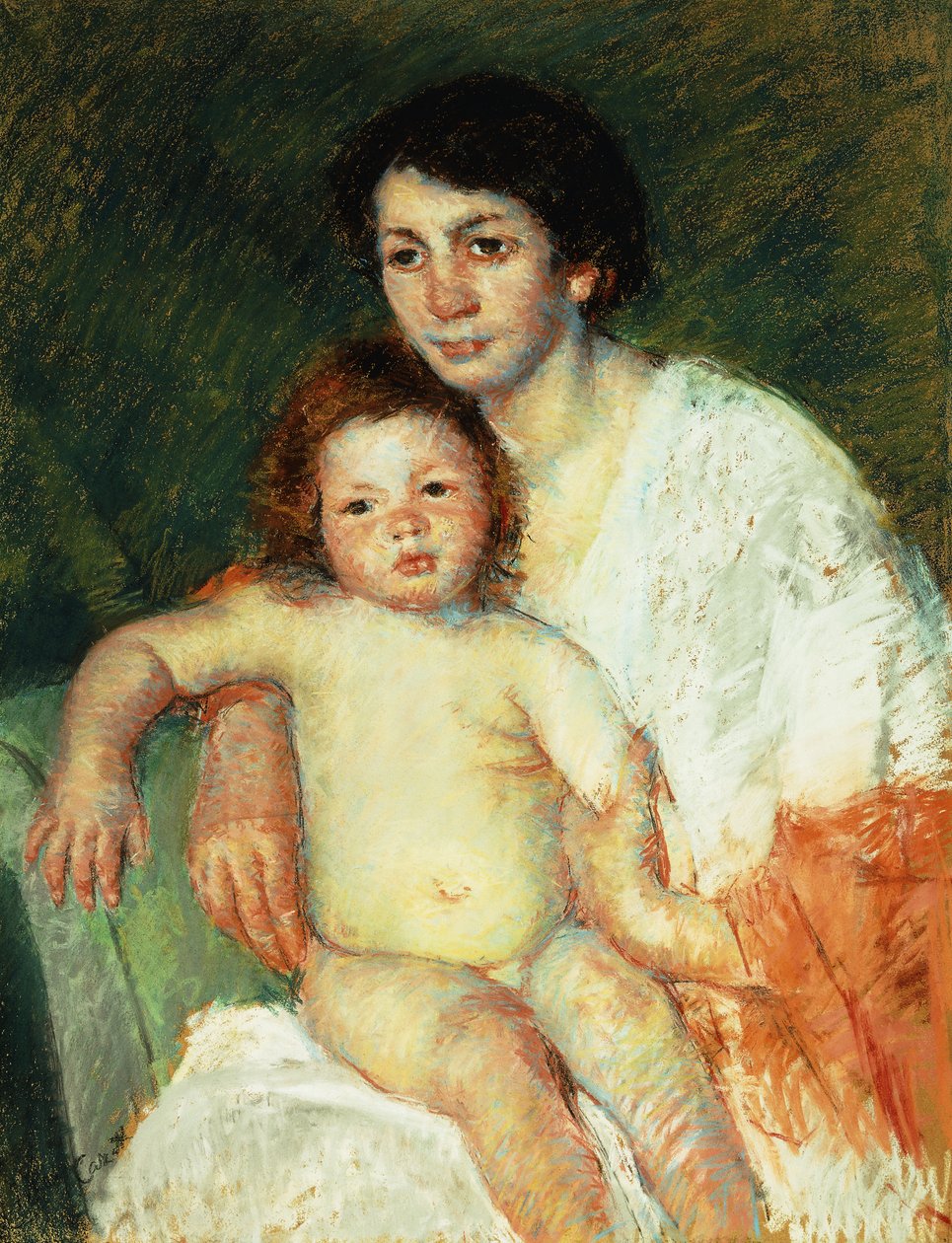 Bambino nudo in grembo alla madre che appoggia il braccio destro sullo schienale della sedia, 1913 da Mary Cassatt