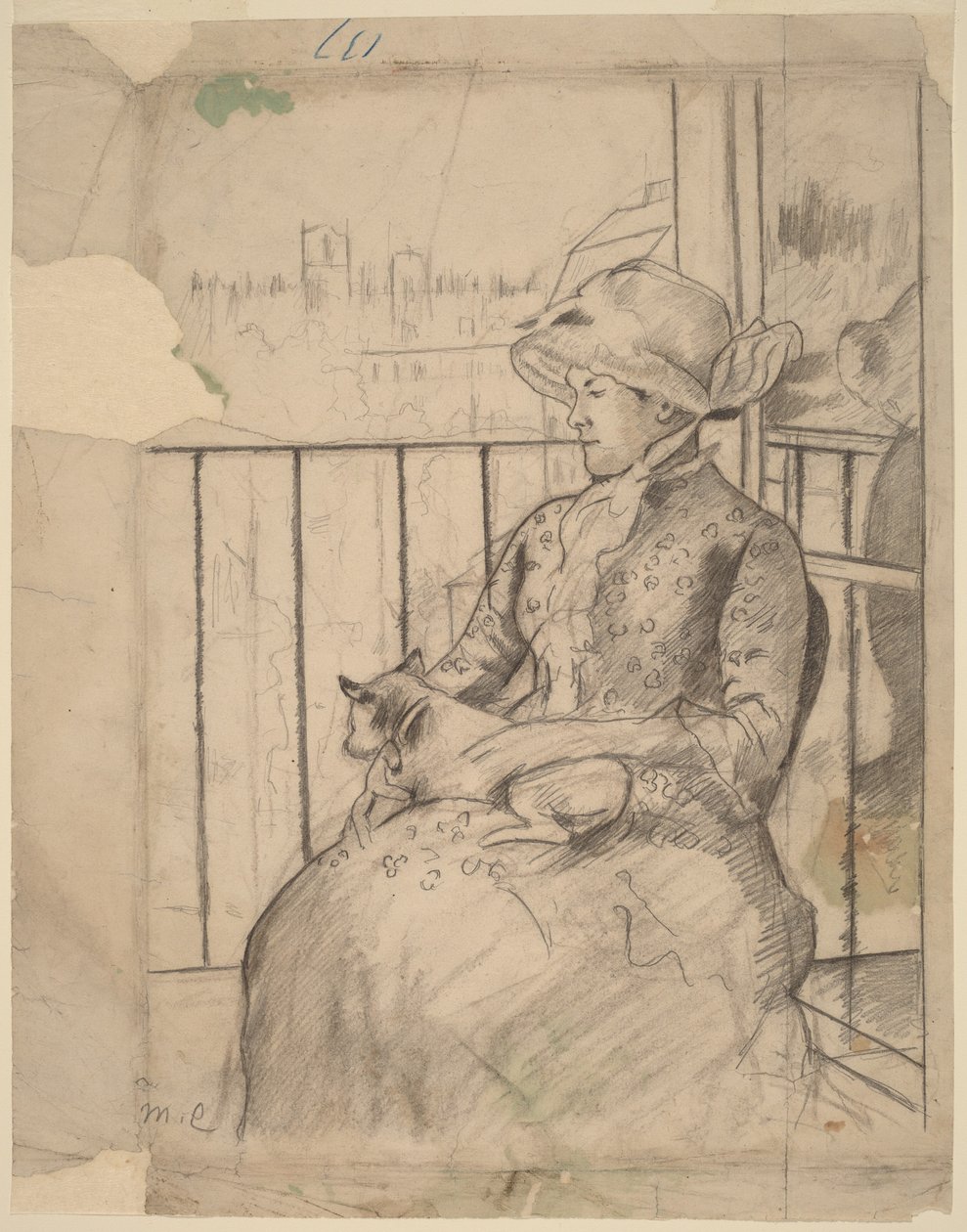 Susan su un balcone con un cane in braccio [recto] da Mary Cassatt