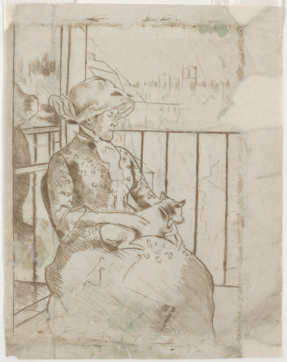 Susan su un balcone con un cane da Mary Cassatt