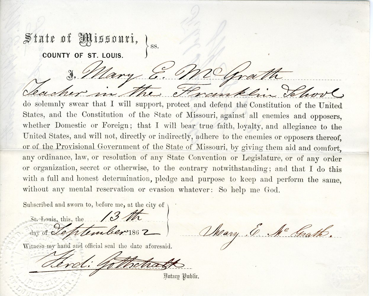 Giuramento di fedeltà di Mary E. McGrath del Missouri, Contea di St. Louis da Mary E. McGrath