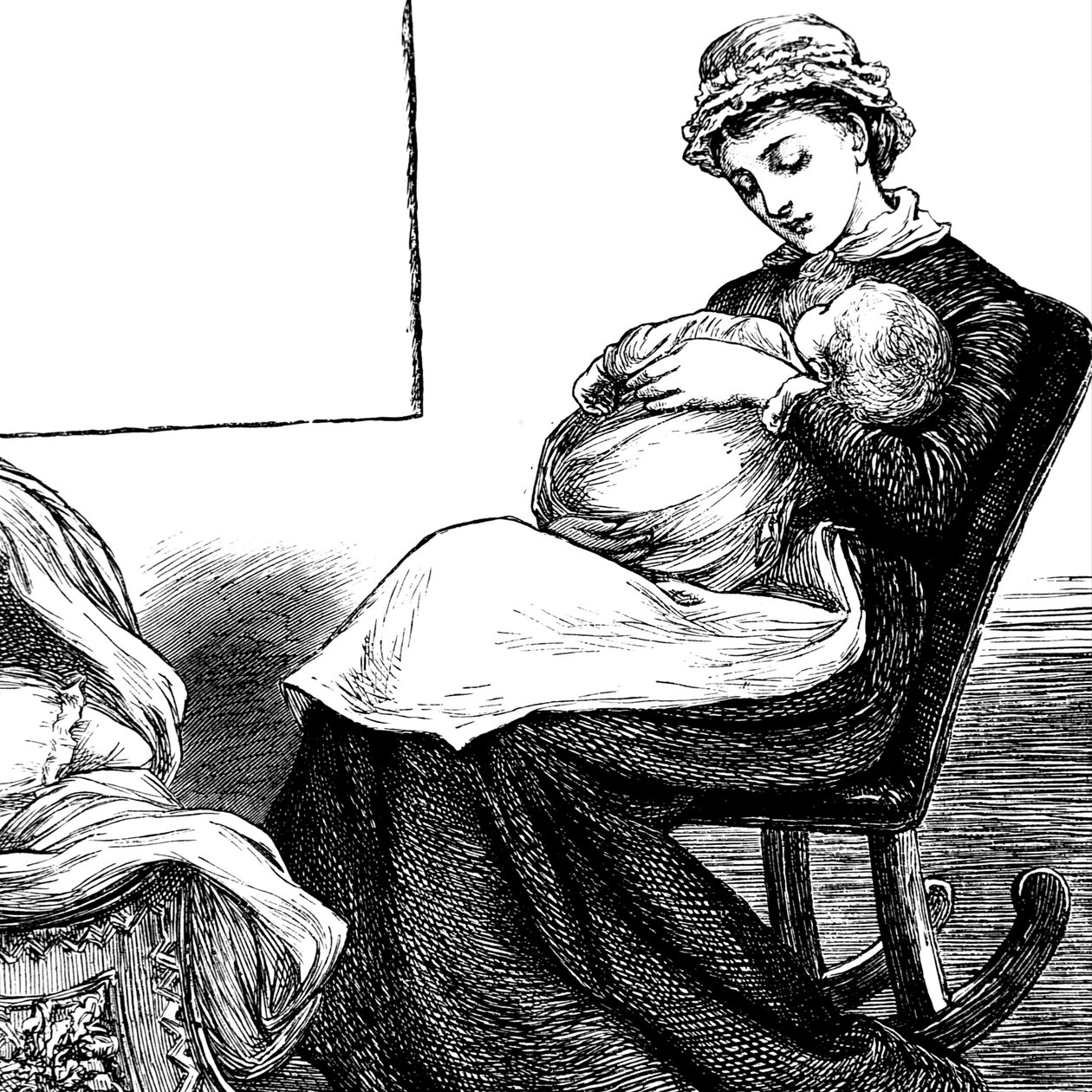 Una madre che coccola il suo bambino, seduta su una sedia a dondolo da Mary Ellen Edwards