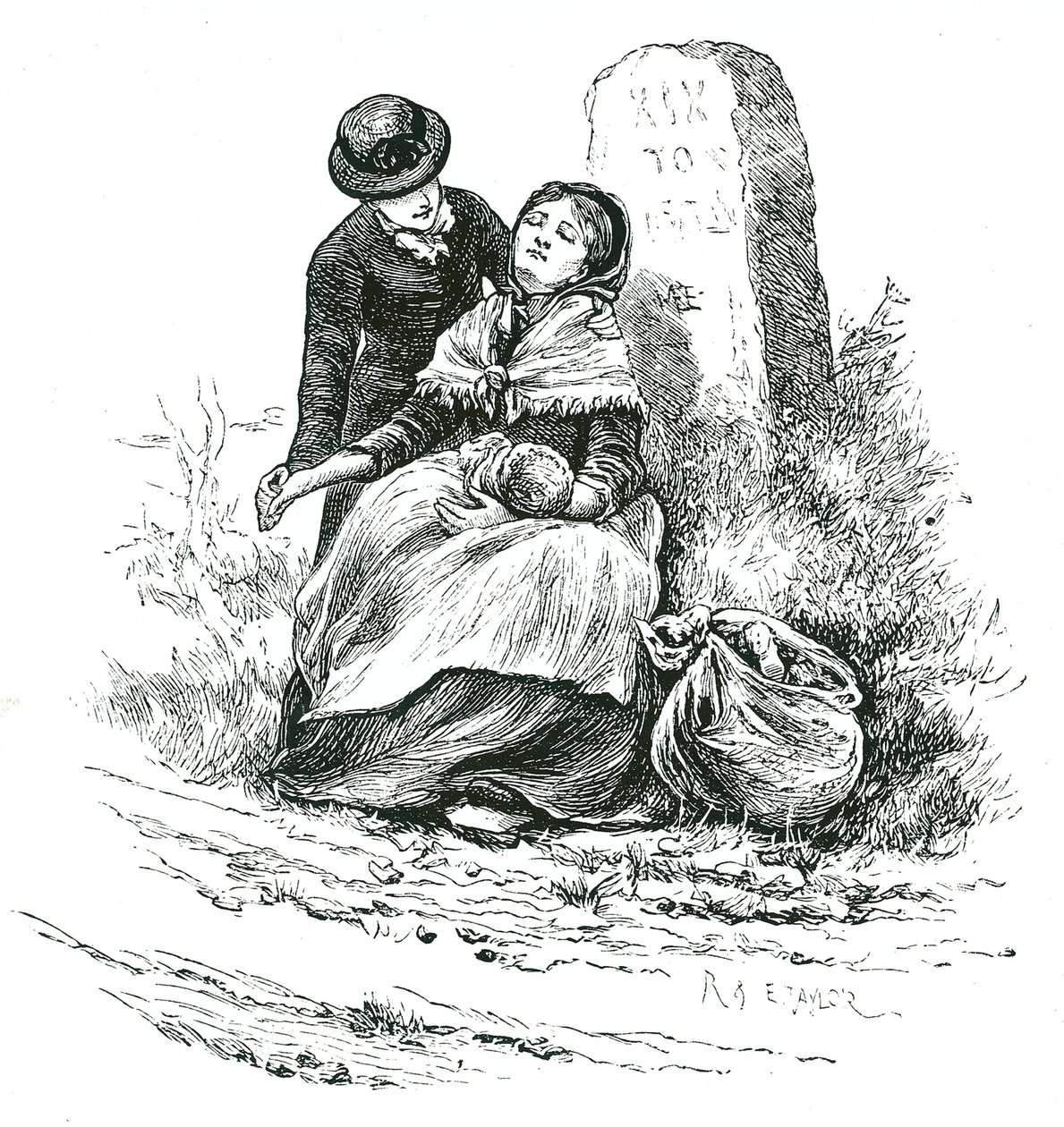 Una madre nubile indigente trovata esausta sulla strada per il ricovero con il suo bambino. Scena che ricorda un romanzo di Thomas Hardy ma non rara nelle aree rurali di tutto il paese. Illustrazione di Mary Ellen Edwards c1881 da Mary Ellen Edwards
