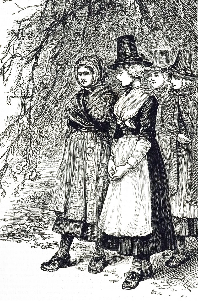 Incisione che raffigura ragazze gallesi a una fiera di Hollantide, una fiera di assunzione, in attesa di essere ingaggiate come domestiche da Mary Ellen Edwards