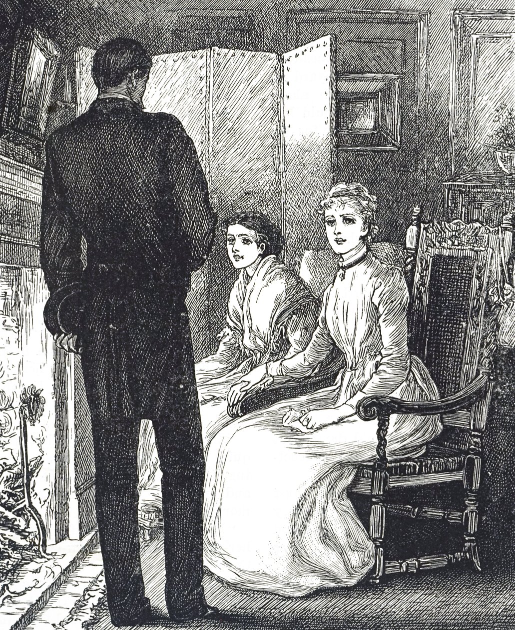 Incisione che raffigura due donne che si scaldano accanto al caminetto da Mary Ellen Edwards