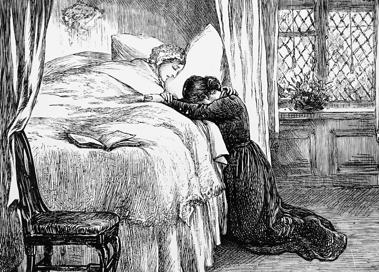 Illustrazione che raffigura una figlia che piange al capezzale della madre da Mary Ellen Edwards