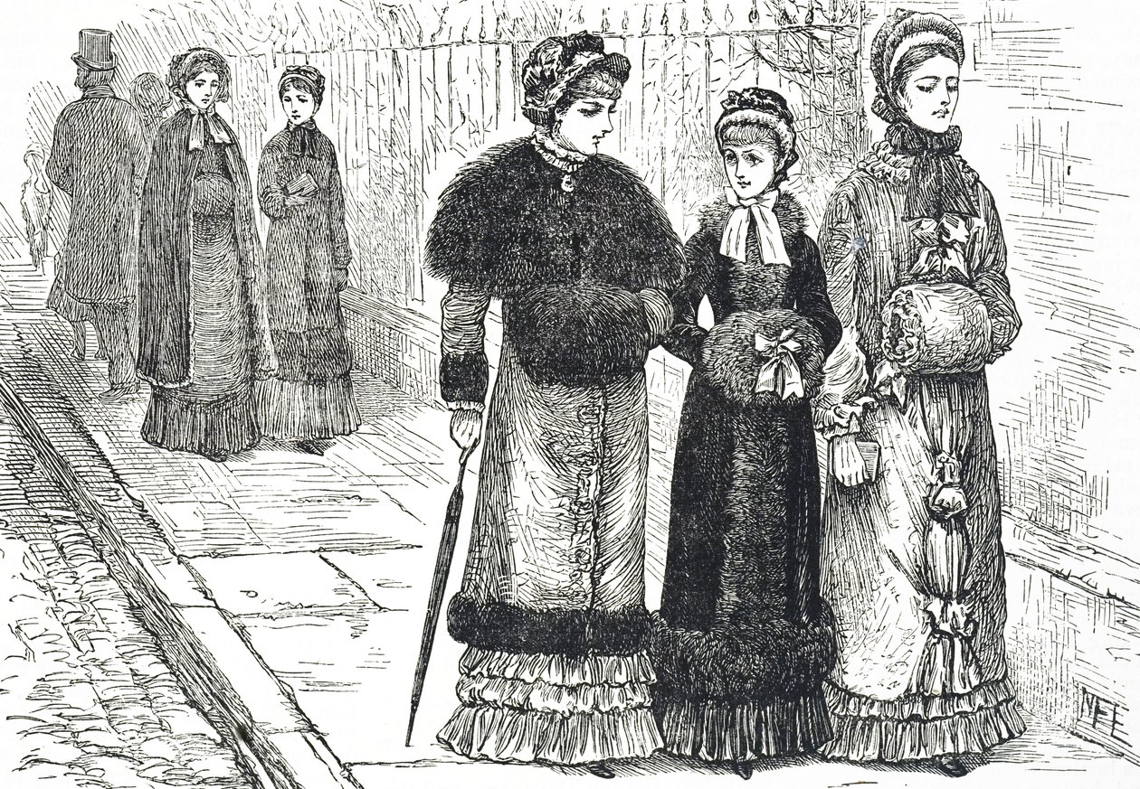 Illustrazione che raffigura giovani donne con manicotti per tenere le mani calde durante il freddo da Mary Ellen Edwards