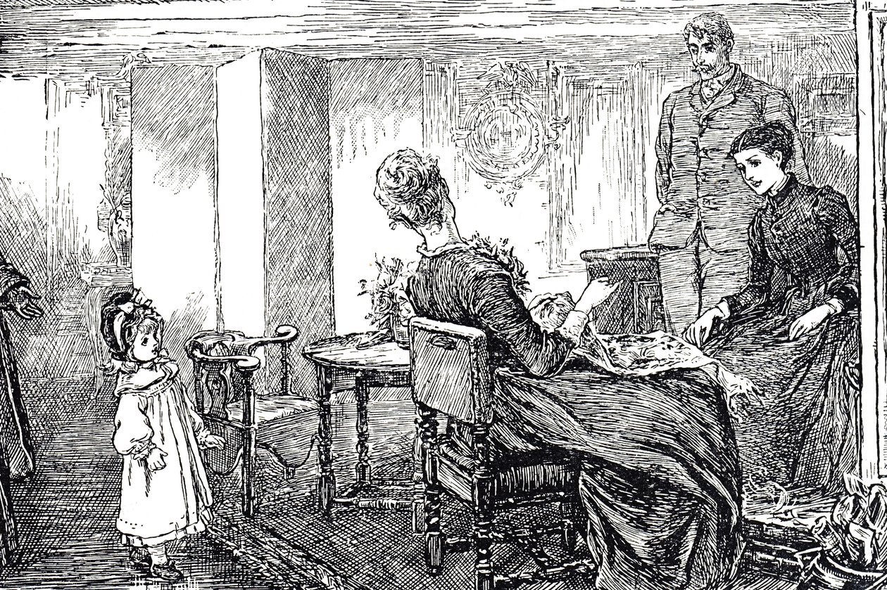 Illustrazione di una bambina accudita dalle sue zie e zio per un pomeriggio da Mary Ellen Edwards