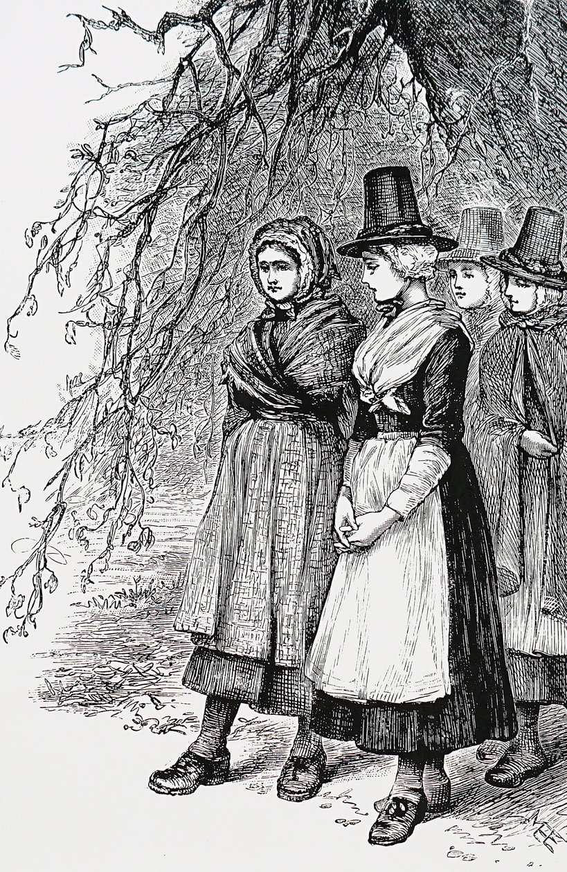 Ragazze gallesi a una fiera di Hollantide, una fiera di assunzione, in attesa di essere ingaggiate come domestiche da Mary Ellen Edwards