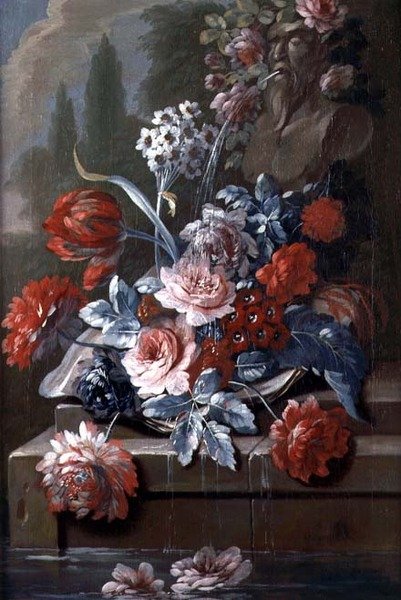 Natura morta di fiori vicino a una fontana da Mary Moser