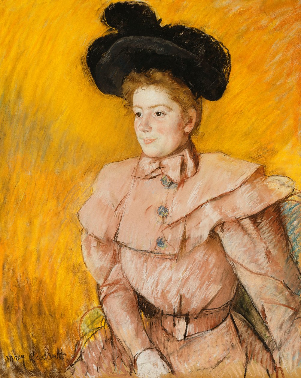 Donna con cappello nero e costume rosa lampone da Mary Cassatt