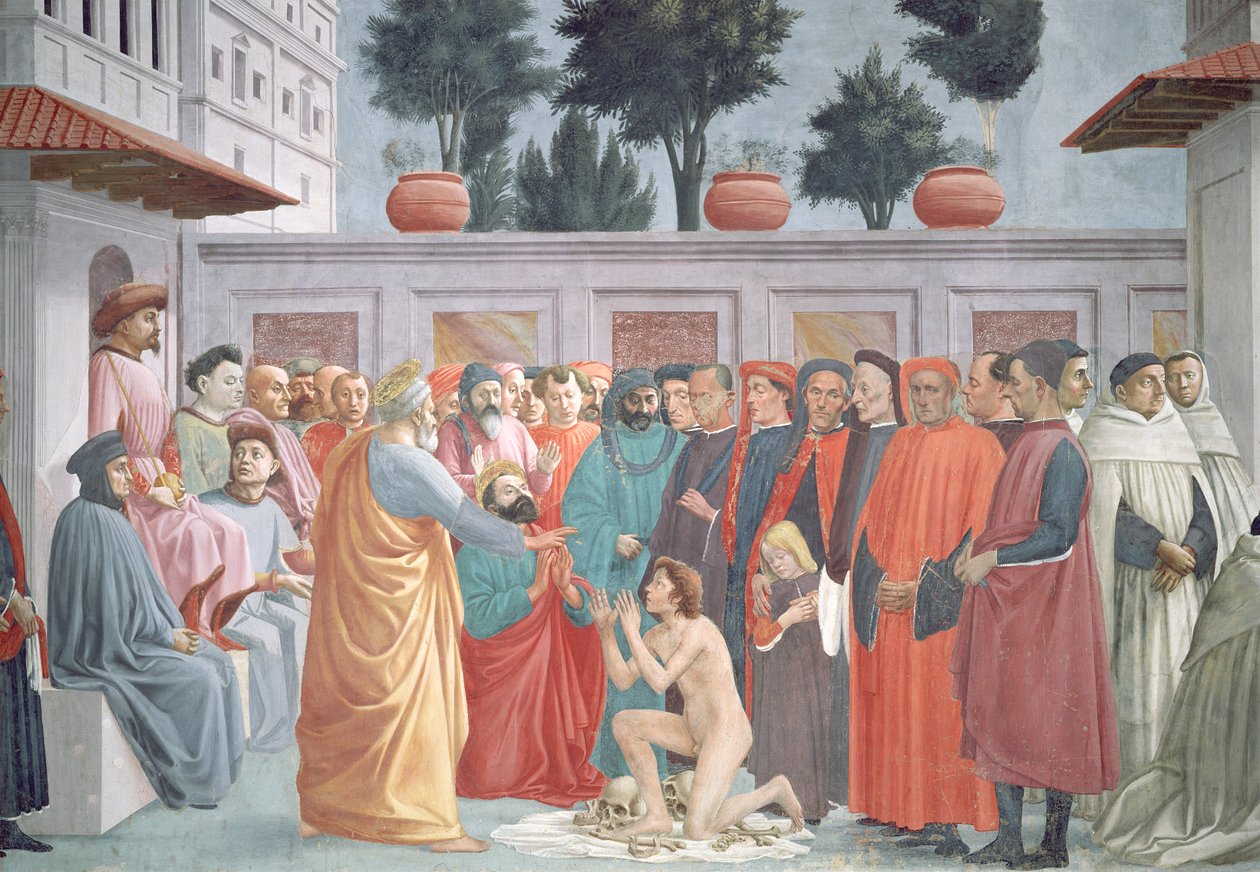 La resurrezione di Teofilo, il figlio del re di Antiochia, dal registro inferiore sinistro della cappella, c.1425-27, completato 1484-85 (dettaglio) da Filippino Lippi