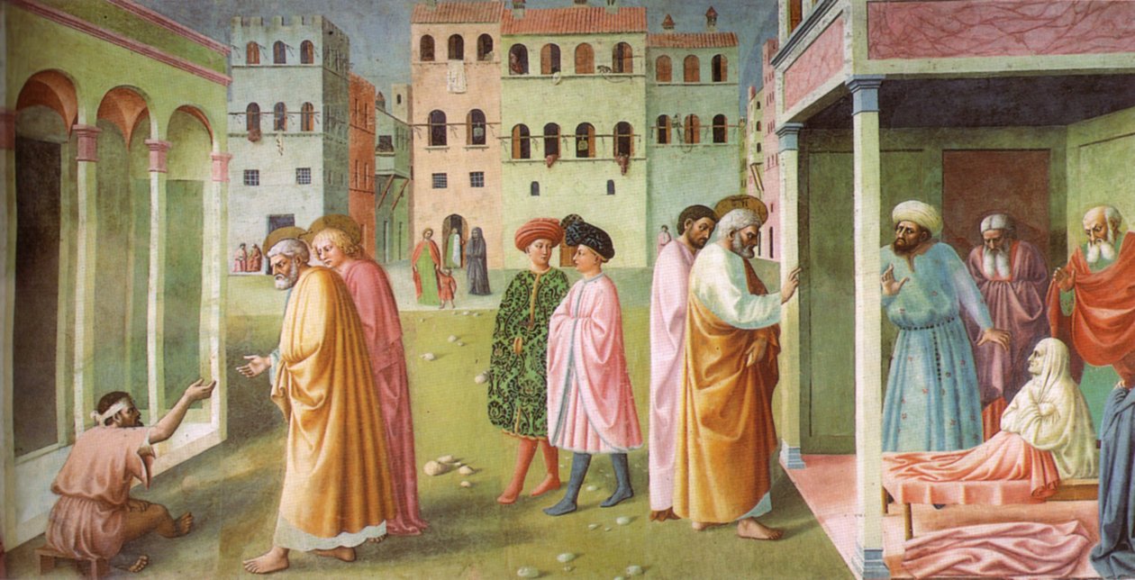 Guarigione dello storpio e risurrezione di Tabitha da Masolino da Panicale