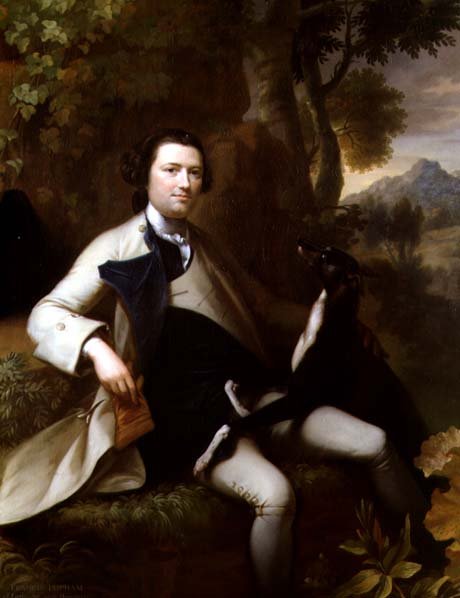 Francis Popham seduto in un paesaggio boscoso con il suo levriero da Mason Chamberlain