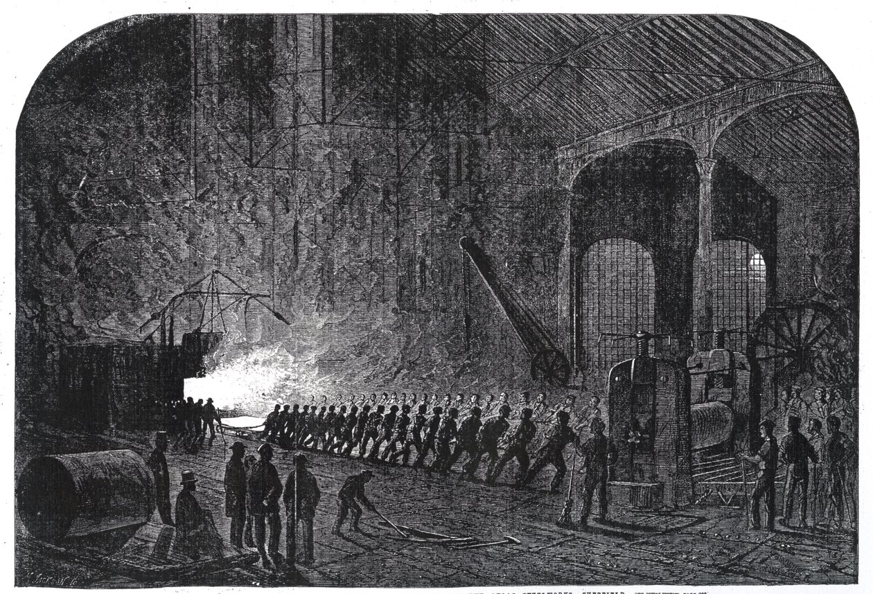 Processo di laminazione delle piastre corazzate per le navi di Sua Maestà agli Alas Steelworks, Sheffield, illustrazione da 