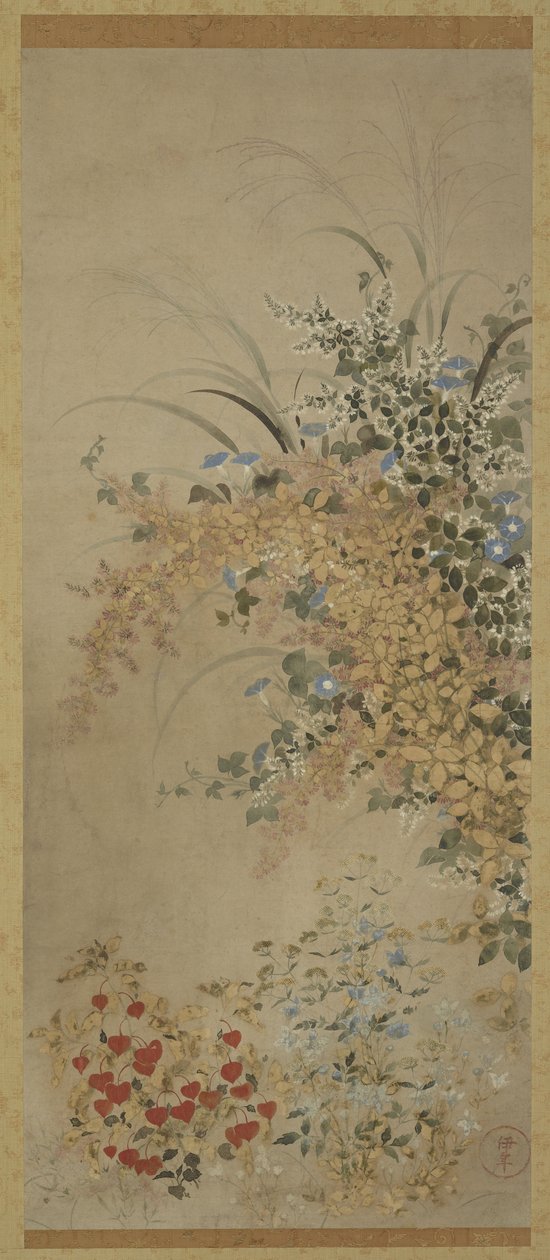 Fiori e erbe, rotolo appeso (montato su pannello), 1600-30 da Master of I nen Seal