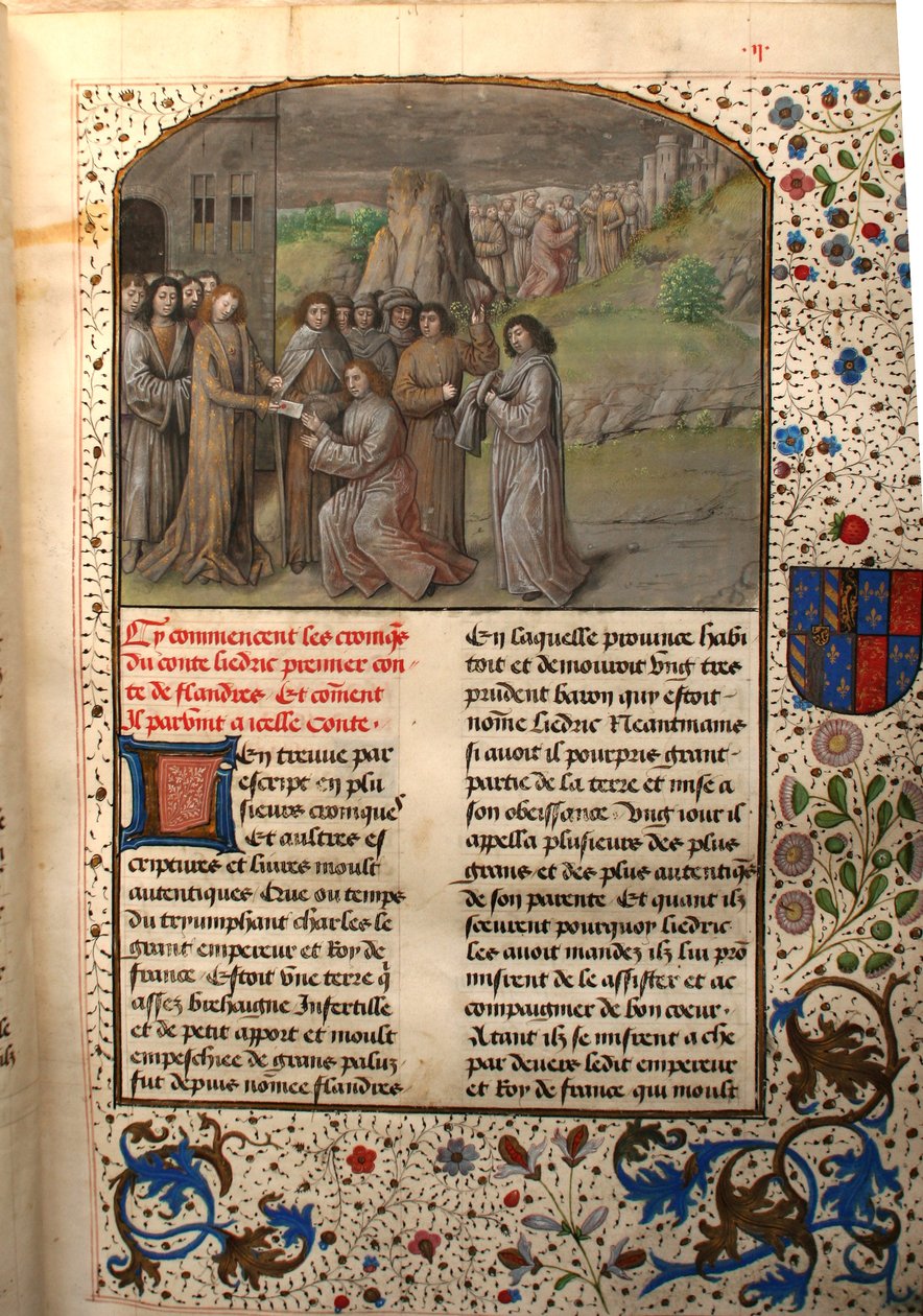 Ms 659 fol.2r Carlo Magno nomina il primo conte delle Fiandre, 1477 da Master of Mary of Burgundy