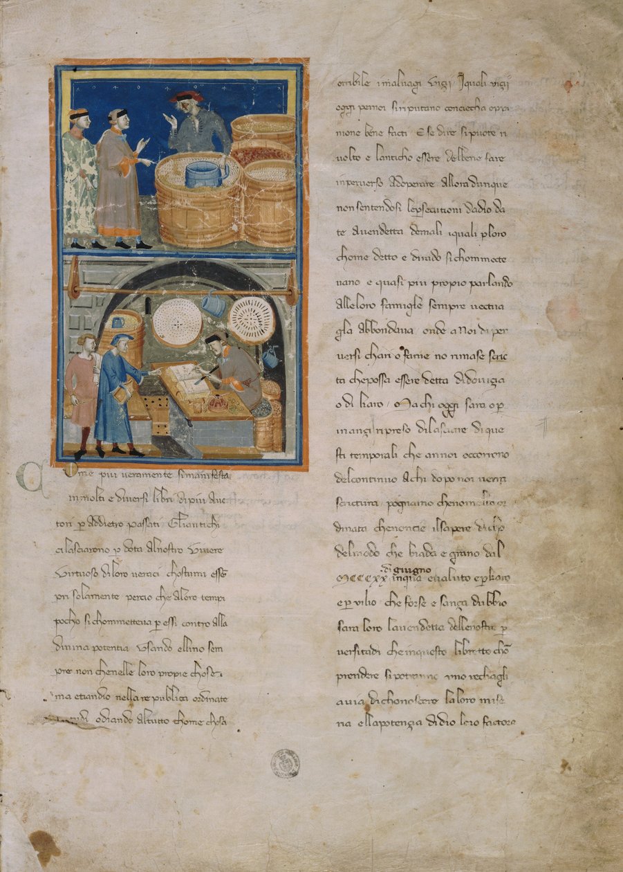 Un mercante di olive al mercato e nel suo negozio da Master of the Biadaiolo Codex Master of the Biadaiolo Codex