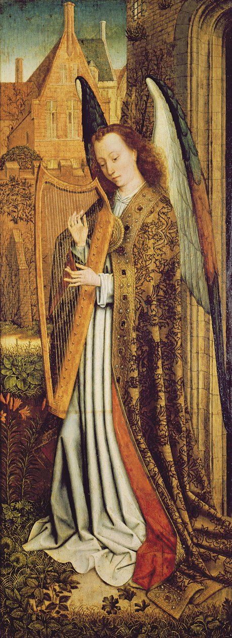La Vergine col Bambino e Angeli, pannello destro che raffigura un angelo musicista da Master of the Embroidered Foliage