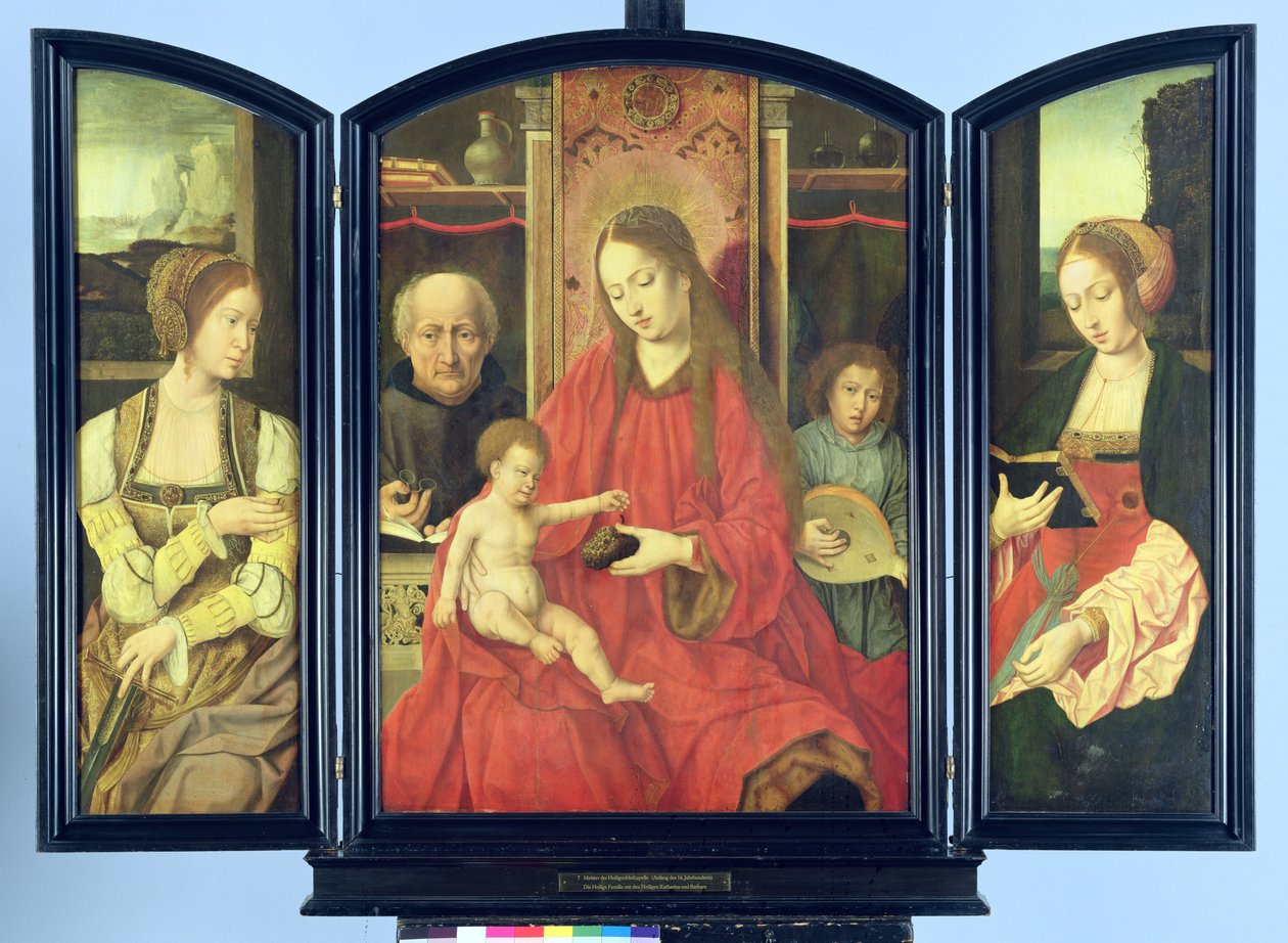 La Sacra Famiglia con Santa Caterina e Santa Barbara, trittico da Master of the Holy Blood