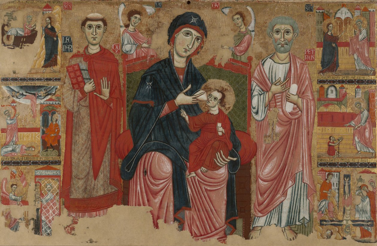 Vergine e Bambino in trono con i santi Leonardo e Pietro e scene della vita di San Pietro, c.1280 da Master of the Magdalen