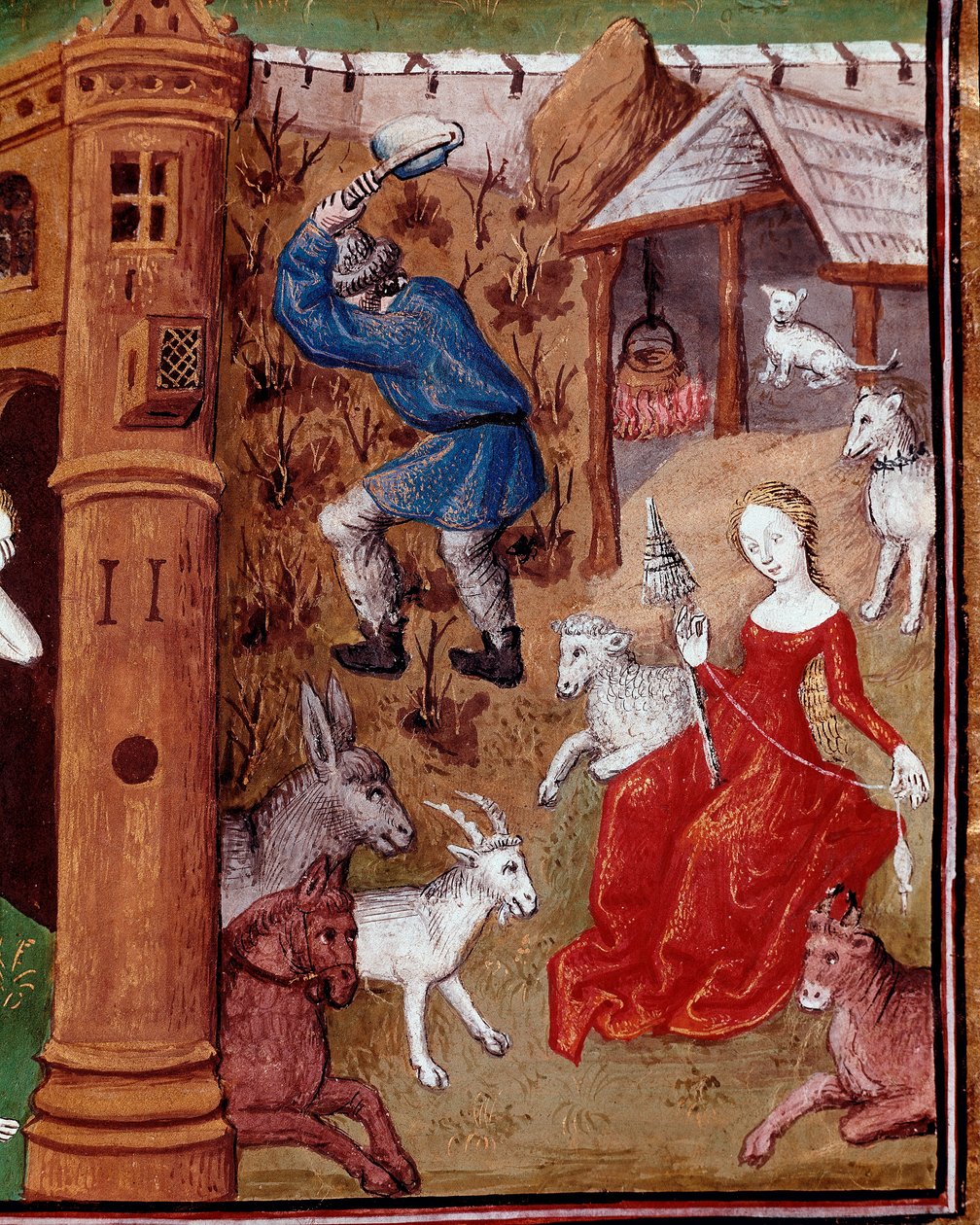 Rappresentazione di Adamo che raccoglie la terra ed Eva che fila la lana dopo essere stati cacciati dal Paradiso terrestre. Miniatura tratta da “Des cas des nobles hommes et femmes infortunes” (De casibus) di Giovanni Boccaccio detto Jean Boccace (1313-137 da Master Dunois