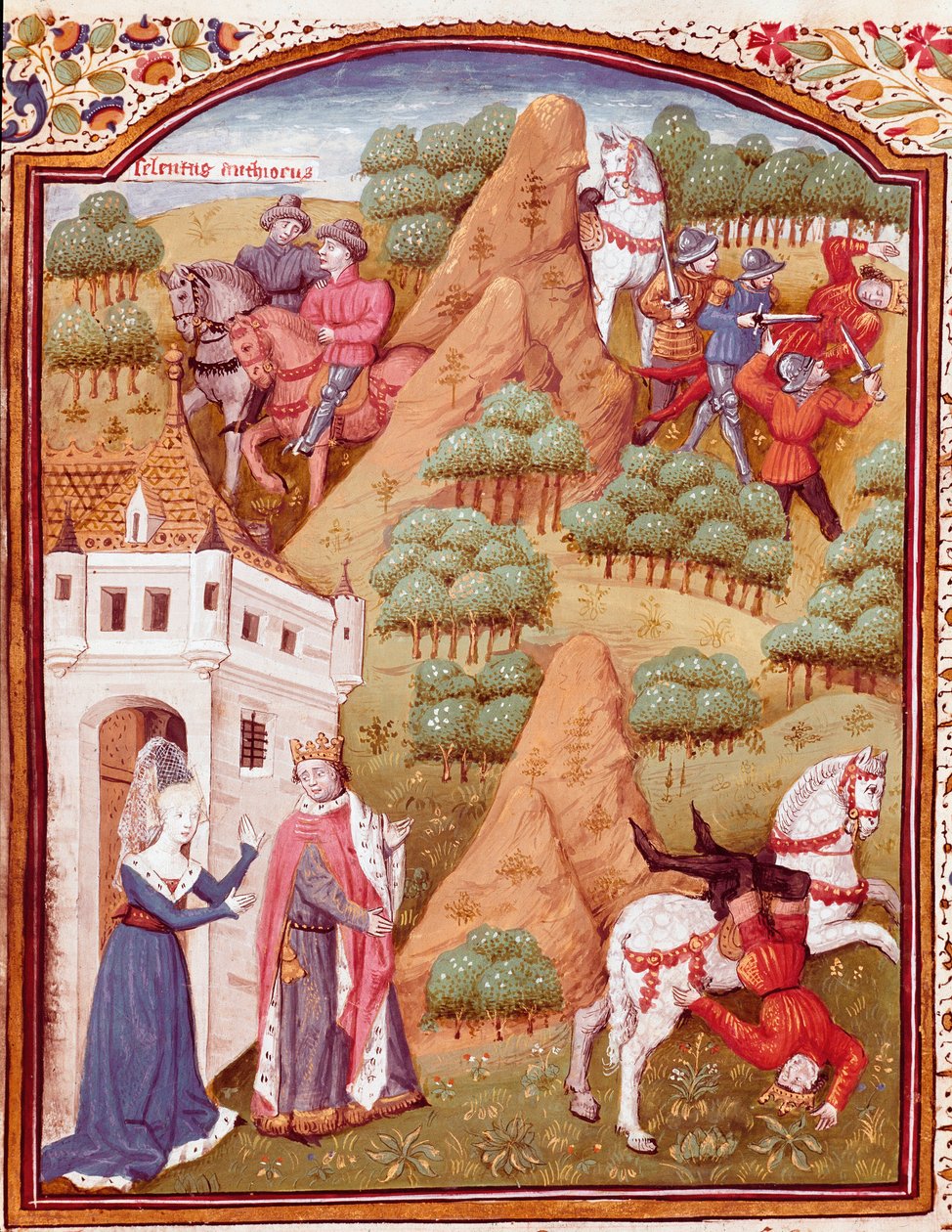 Seleuco I Nicatore e suo padre Antioco re di Asia e Siria. Uno dei due re viene assassinato, caduta del cavallo. Miniatura tratta da “Des cas des nobles hommes et femmes infortunes” (De casibus) di Giovanni Boccaccio detto Jean Boccaccio da Master Dunois