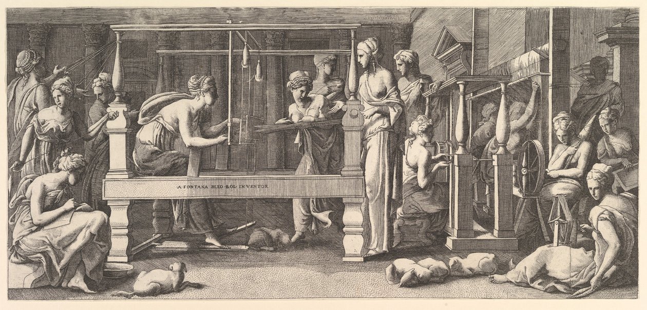 Donne che filano, tessono e cuciono, 1540-50 da Master FG
