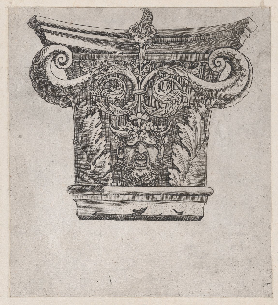 Speculum Romanae Magnificentiae: Capitello con volute a baccello di pisello e testa di satiro, ca. 1537 da Master GA