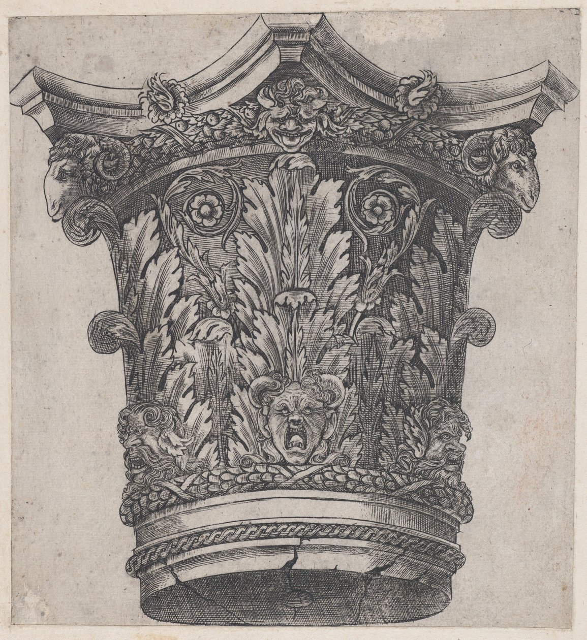 Speculum Romanae Magnificentiae: Capitello con teste di ariete e maschere, ca. 1537 da Master GA